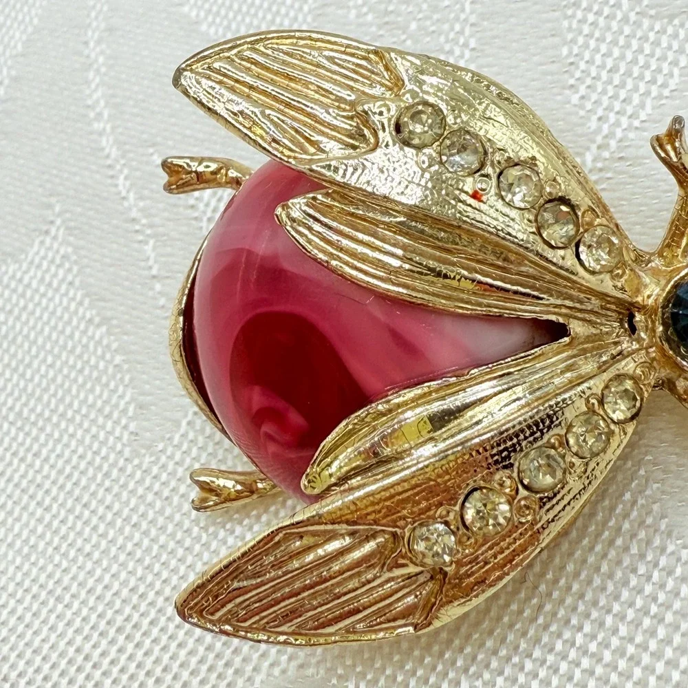 Vintage Insect Art Deco Style Brooch w/ Blue Rhinestone Eyes and Red Resin Belly